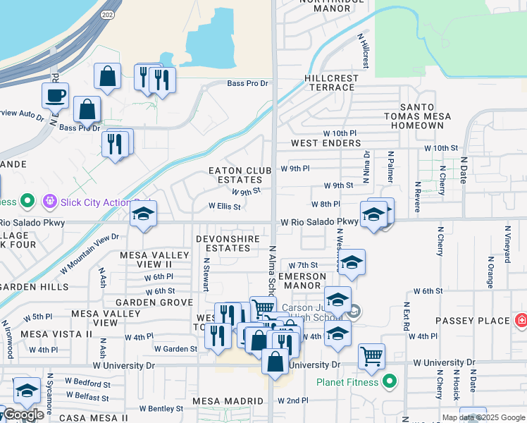 map of restaurants, bars, coffee shops, grocery stores, and more near 830 North Alma School Road in Mesa