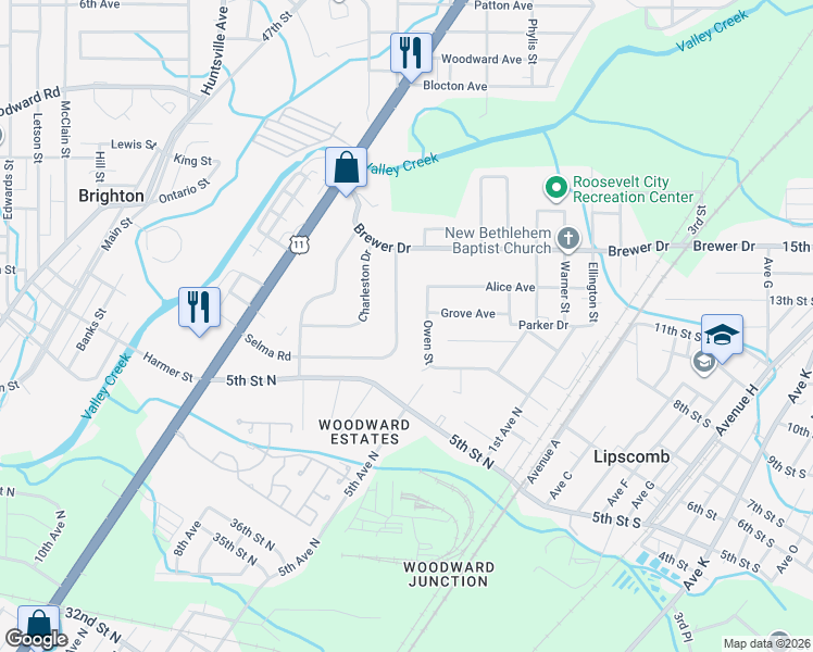 map of restaurants, bars, coffee shops, grocery stores, and more near 552 Selma Road in Bessemer