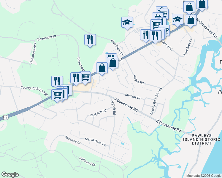map of restaurants, bars, coffee shops, grocery stores, and more near 51 Jackrabbit Place in Pawleys Island