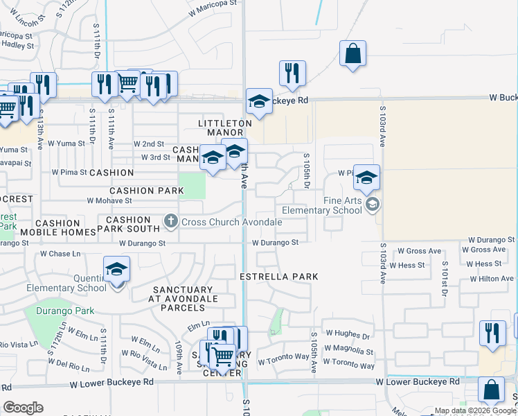 map of restaurants, bars, coffee shops, grocery stores, and more near 10625 West Nez Perce Street in Tolleson