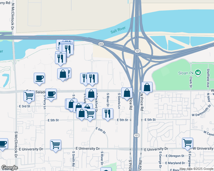 map of restaurants, bars, coffee shops, grocery stores, and more near 2110 West 1st Street in Tempe