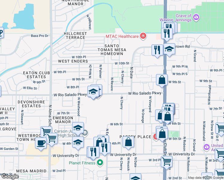 map of restaurants, bars, coffee shops, grocery stores, and more near 837 North Revere in Mesa