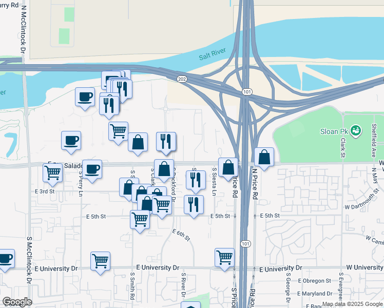 map of restaurants, bars, coffee shops, grocery stores, and more near 2110 West 1st Street in Tempe