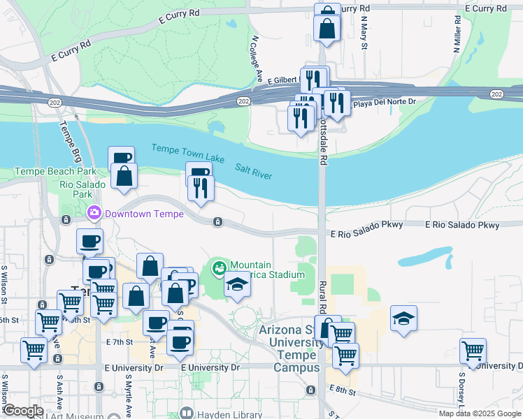 map of restaurants, bars, coffee shops, grocery stores, and more near in Tempe