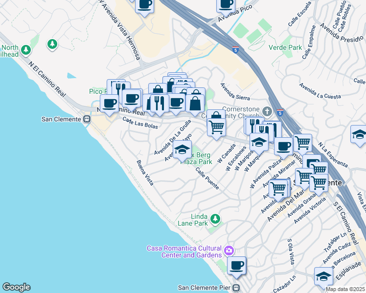 map of restaurants, bars, coffee shops, grocery stores, and more near 133 Avenida Pelayo in San Clemente