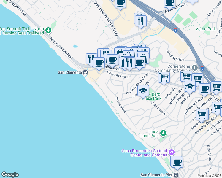 map of restaurants, bars, coffee shops, grocery stores, and more near 1516 Calle Sacramento in San Clemente