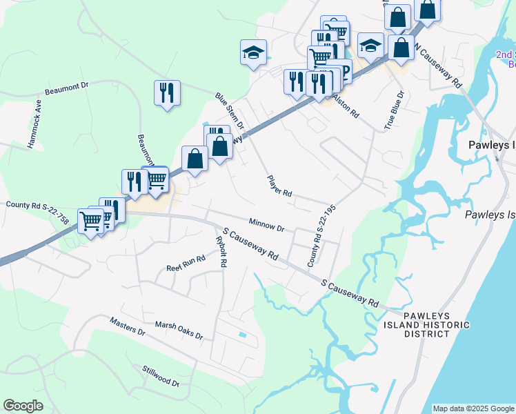 map of restaurants, bars, coffee shops, grocery stores, and more near 217 Egret Run Lane in Pawleys Island