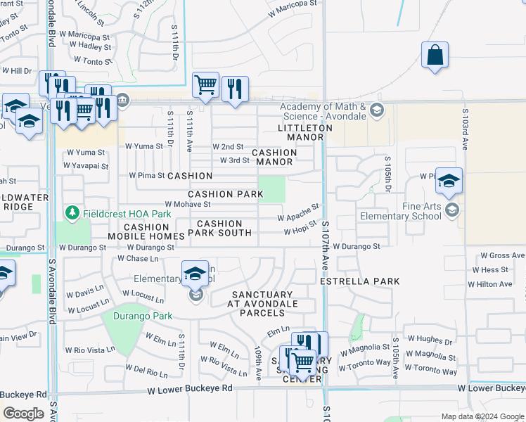 map of restaurants, bars, coffee shops, grocery stores, and more near 10830 West Apache Street in Avondale