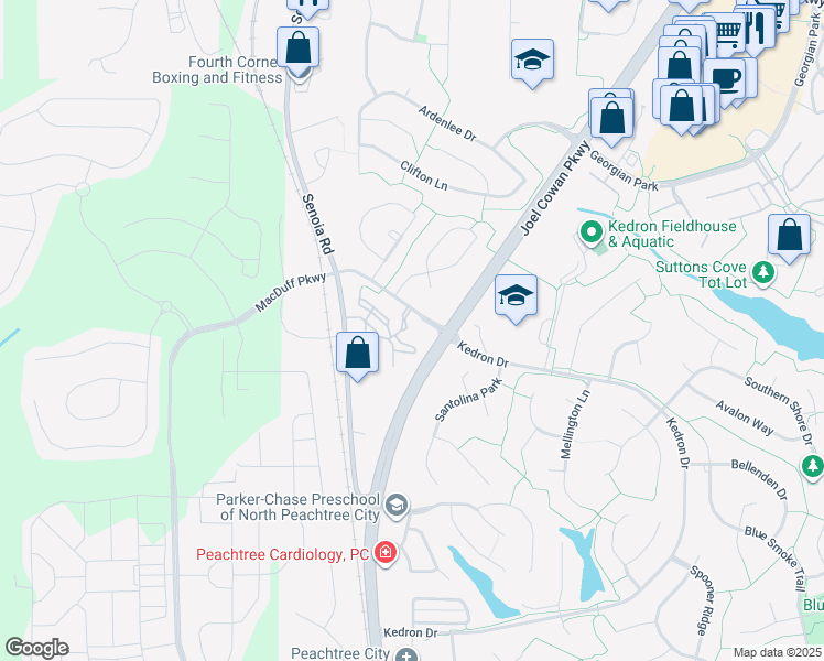 map of restaurants, bars, coffee shops, grocery stores, and more near 100 Hyacinth Lane in Peachtree City