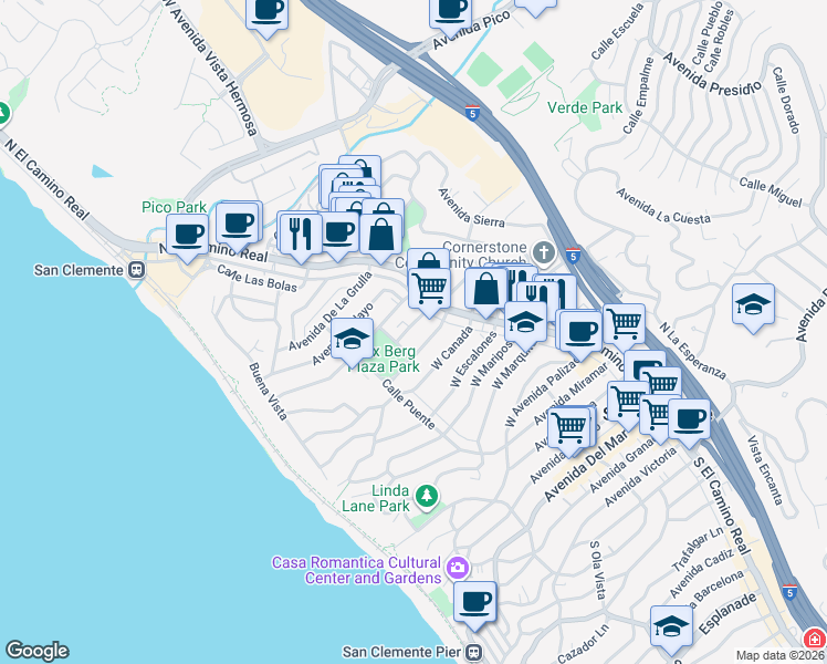 map of restaurants, bars, coffee shops, grocery stores, and more near 125 Avenida Aragon in San Clemente