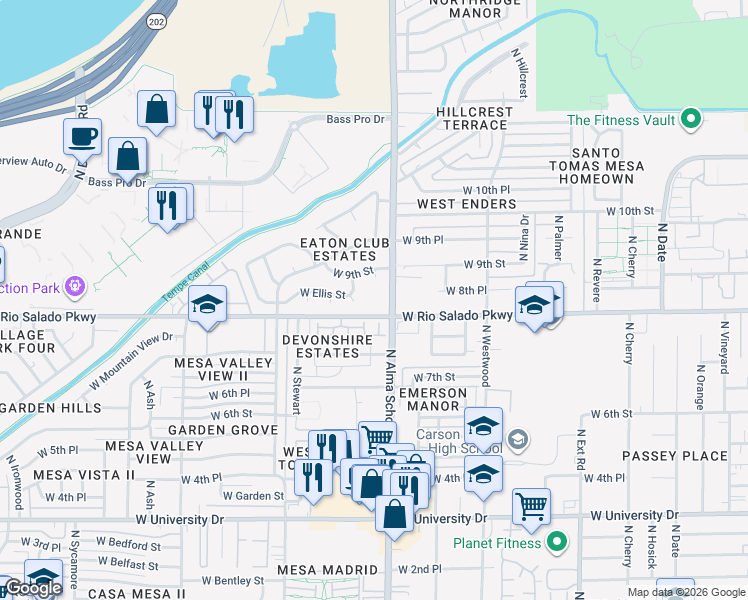map of restaurants, bars, coffee shops, grocery stores, and more near 830 North Alma School Road in Mesa