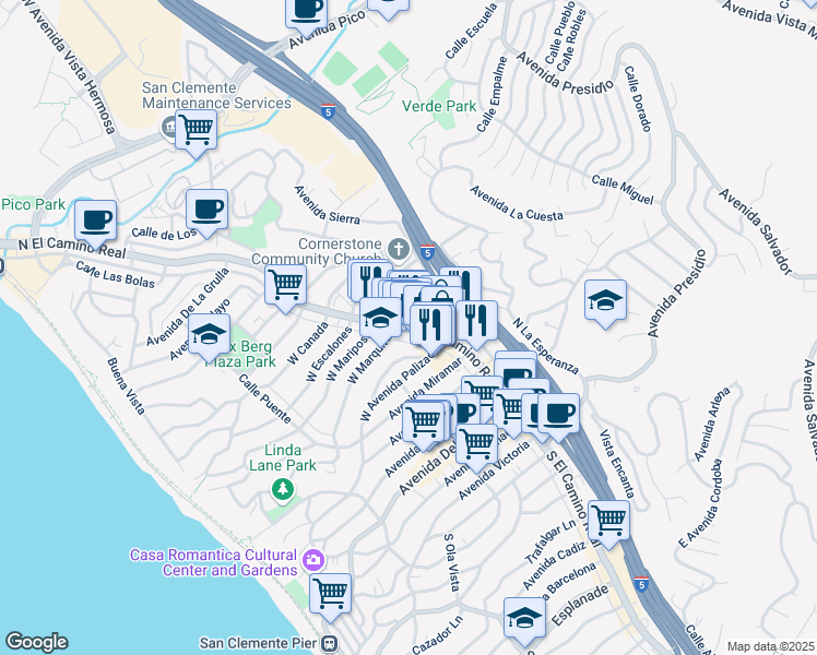 map of restaurants, bars, coffee shops, grocery stores, and more near 535 North El Camino Real in San Clemente