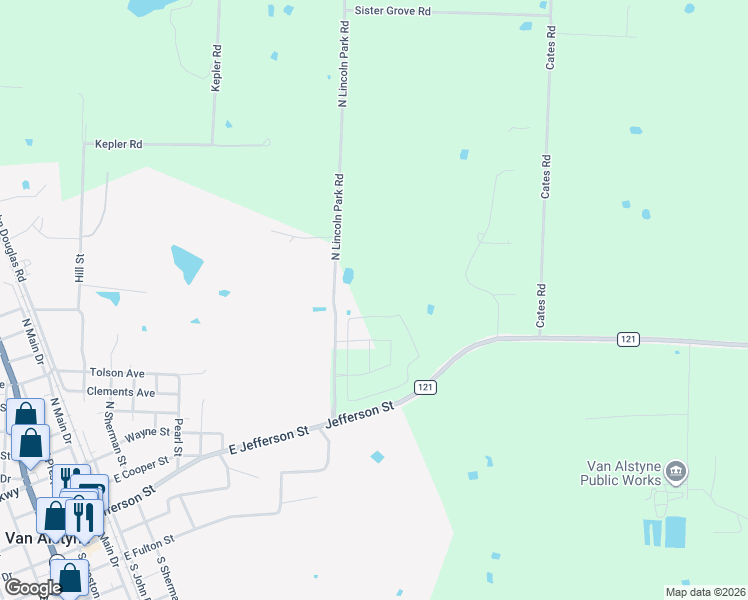 map of restaurants, bars, coffee shops, grocery stores, and more near 320 North Lincoln Park Road in Van Alstyne