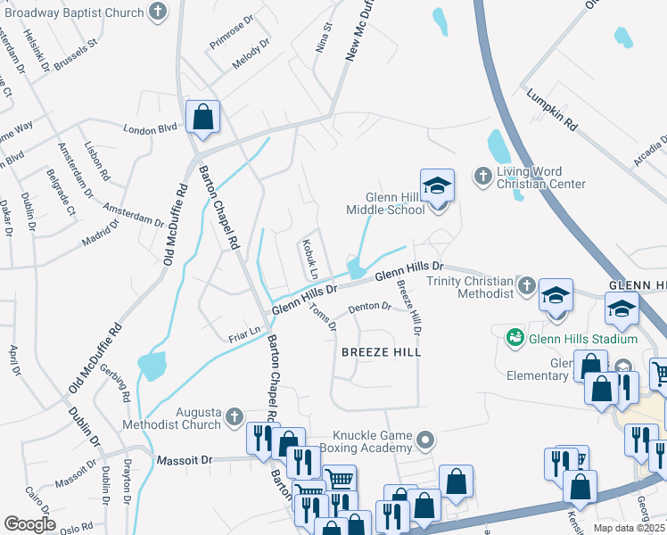 map of restaurants, bars, coffee shops, grocery stores, and more near 2412 Emery Hills Drive in Augusta