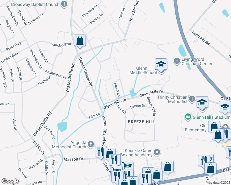 map of restaurants, bars, coffee shops, grocery stores, and more near 2513 Redoubt Circle in Augusta