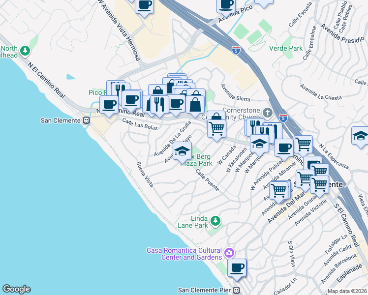 map of restaurants, bars, coffee shops, grocery stores, and more near 143 Avenida Pelayo in San Clemente