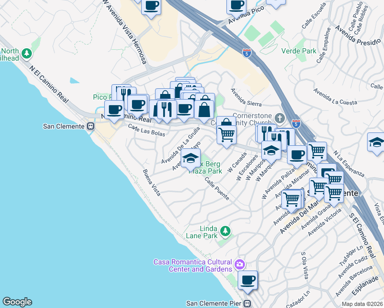 map of restaurants, bars, coffee shops, grocery stores, and more near 143 Avenida Pelayo in San Clemente