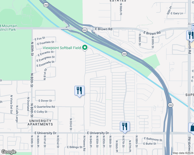 map of restaurants, bars, coffee shops, grocery stores, and more near Lane 4800 in Mesa