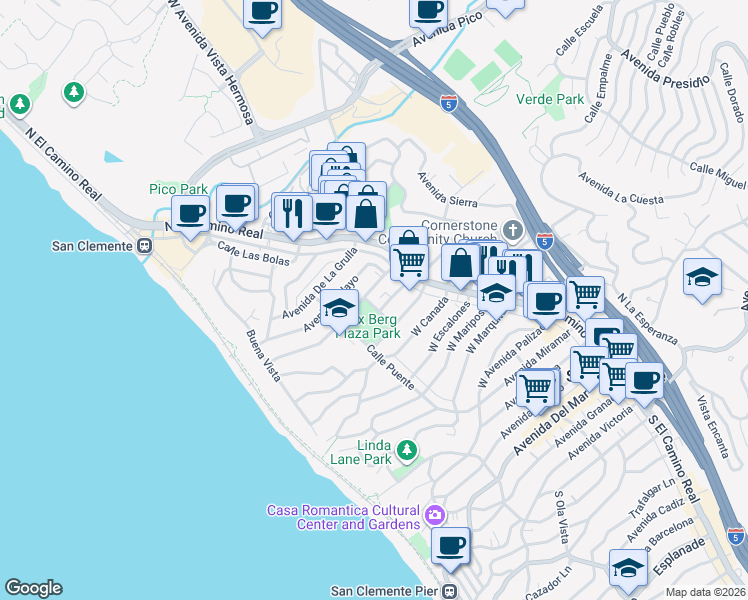 map of restaurants, bars, coffee shops, grocery stores, and more near 125 Avenida Aragon in San Clemente