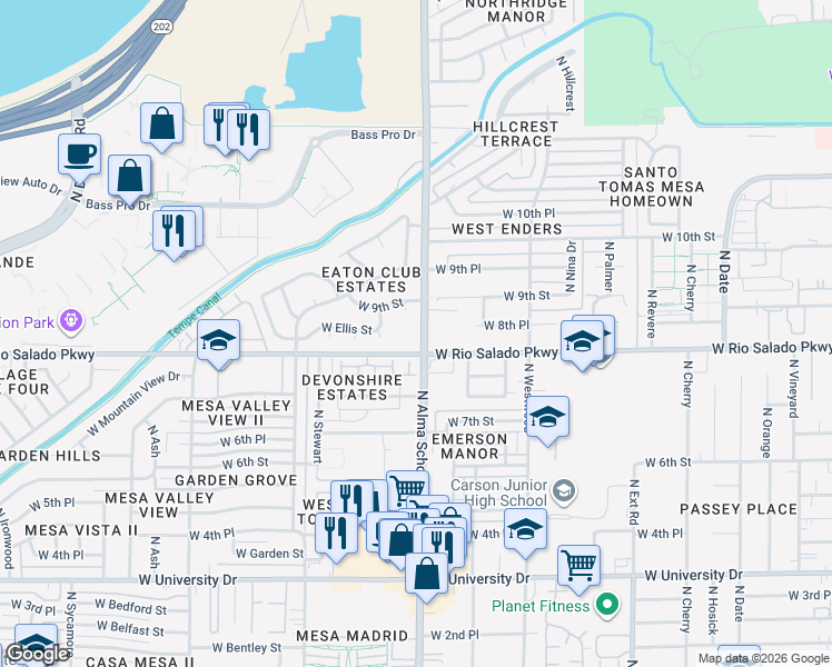 map of restaurants, bars, coffee shops, grocery stores, and more near 830 North Alma School Road in Mesa