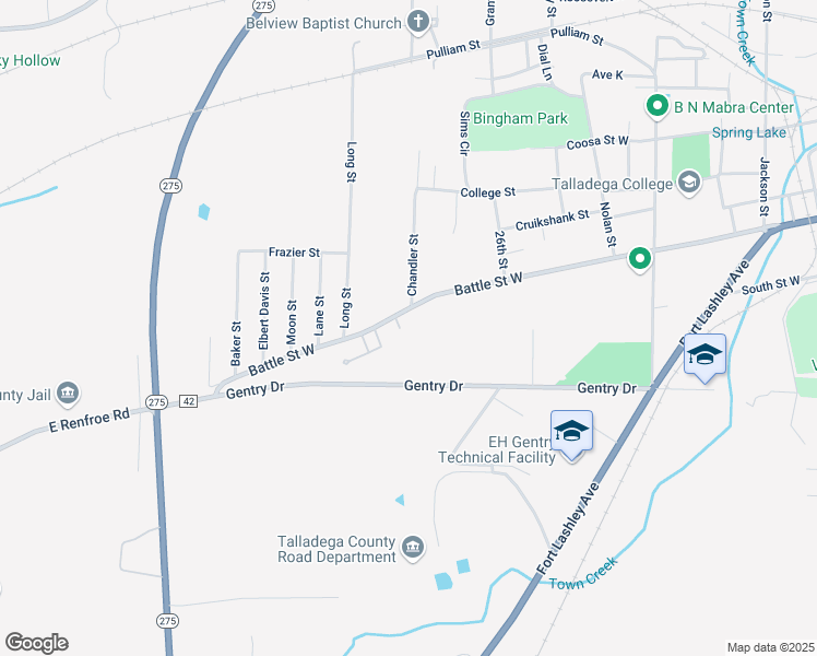map of restaurants, bars, coffee shops, grocery stores, and more near 1020 Battle Street West in Talladega