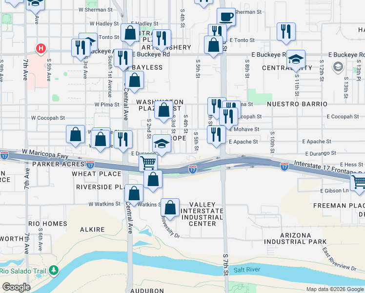 map of restaurants, bars, coffee shops, grocery stores, and more near 1719 South 4th Street in Phoenix