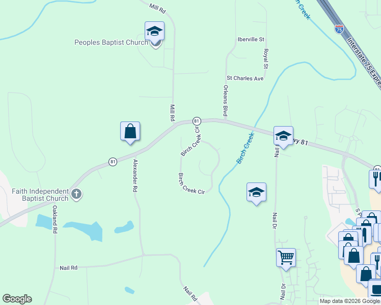 map of restaurants, bars, coffee shops, grocery stores, and more near 150 Birch Creek Circle in McDonough