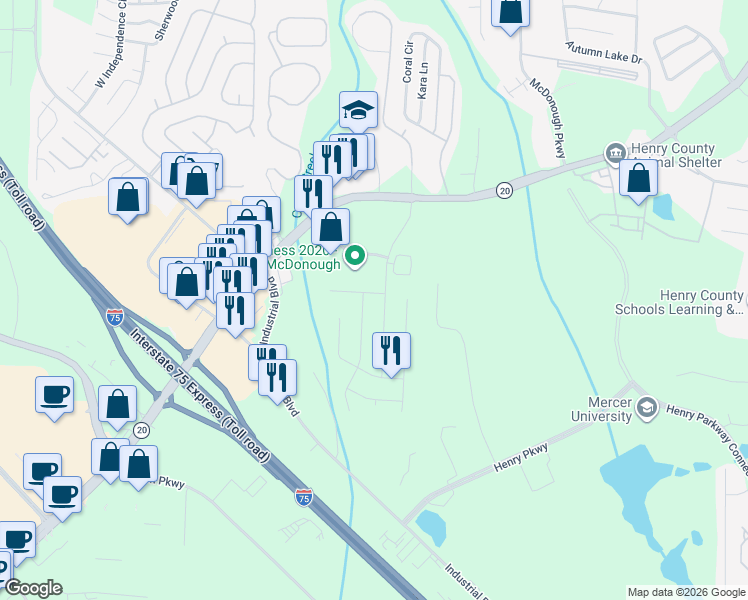 map of restaurants, bars, coffee shops, grocery stores, and more near 702 Village Overlook in McDonough