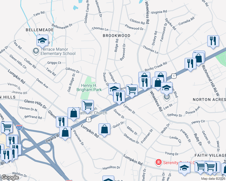 map of restaurants, bars, coffee shops, grocery stores, and more near 3048 Hawthorne Drive in Augusta