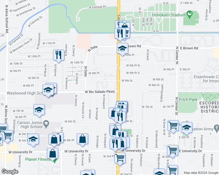map of restaurants, bars, coffee shops, grocery stores, and more near 436 West 8th Street in Mesa