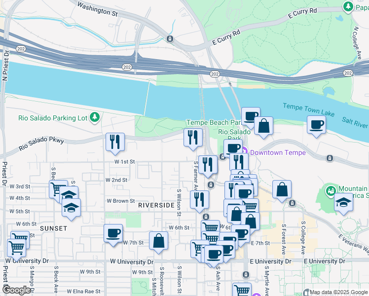 map of restaurants, bars, coffee shops, grocery stores, and more near 435 West Rio Salado Parkway in Tempe