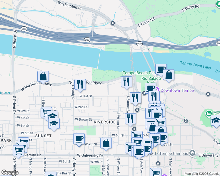 map of restaurants, bars, coffee shops, grocery stores, and more near 525 West Lakeside Drive in Tempe