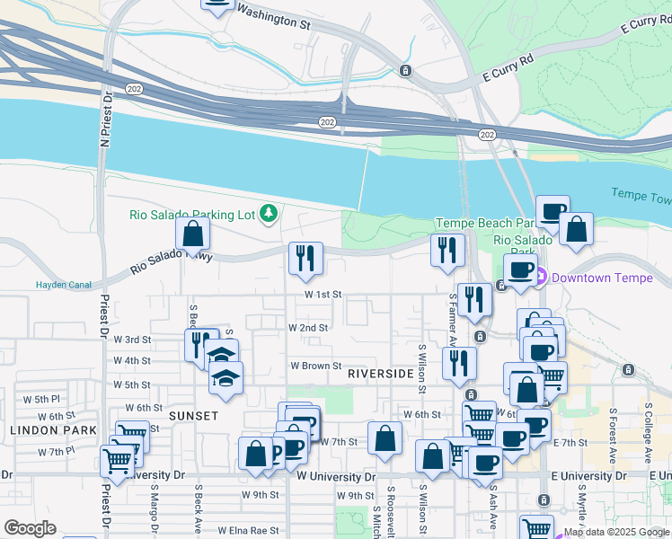 map of restaurants, bars, coffee shops, grocery stores, and more near in Tempe