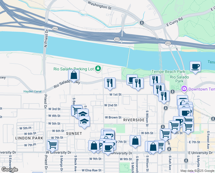 map of restaurants, bars, coffee shops, grocery stores, and more near 945 West Rio Salado Parkway in Tempe
