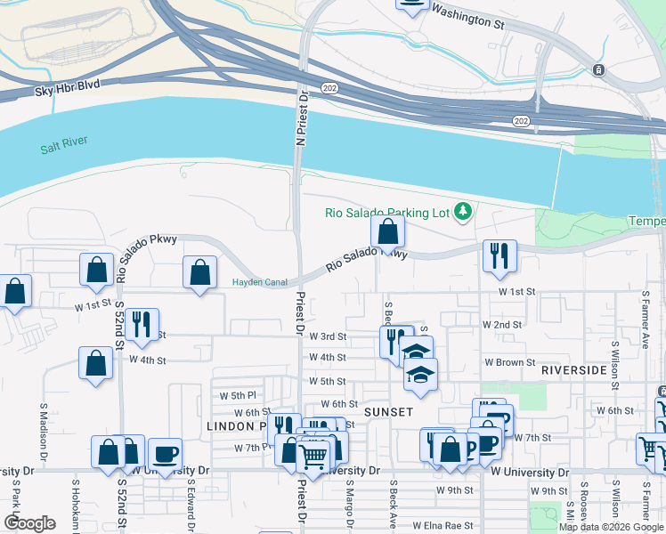 map of restaurants, bars, coffee shops, grocery stores, and more near 55 South Priest Drive in Tempe