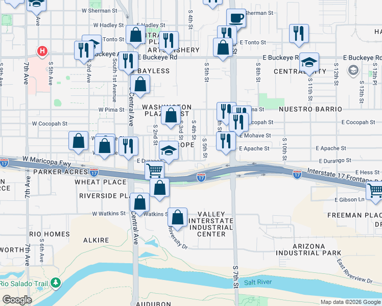map of restaurants, bars, coffee shops, grocery stores, and more near 1719 South 4th Street in Phoenix