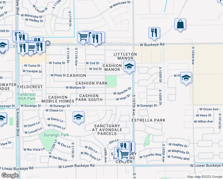 map of restaurants, bars, coffee shops, grocery stores, and more near 10830 West Apache Street in Avondale