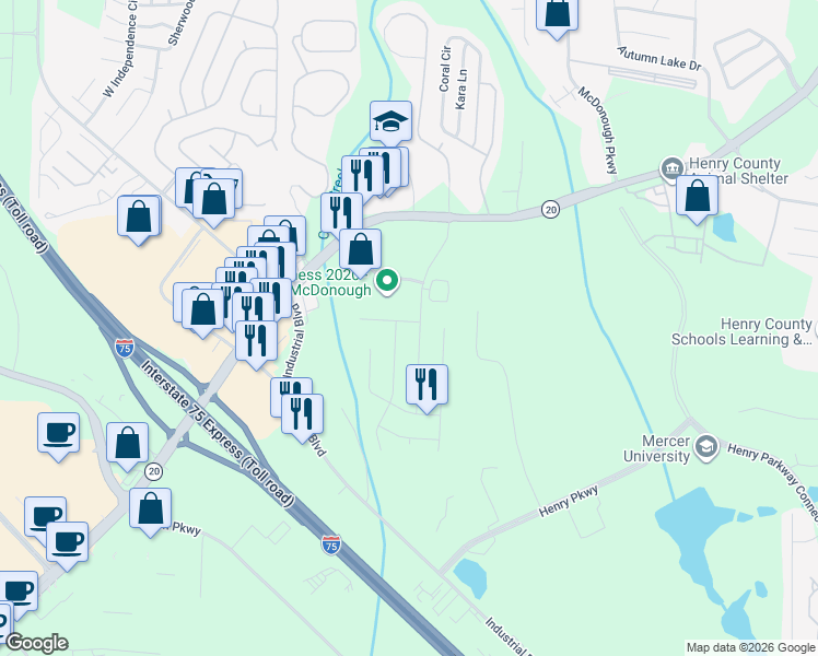 map of restaurants, bars, coffee shops, grocery stores, and more near 702 Village Overlook in McDonough