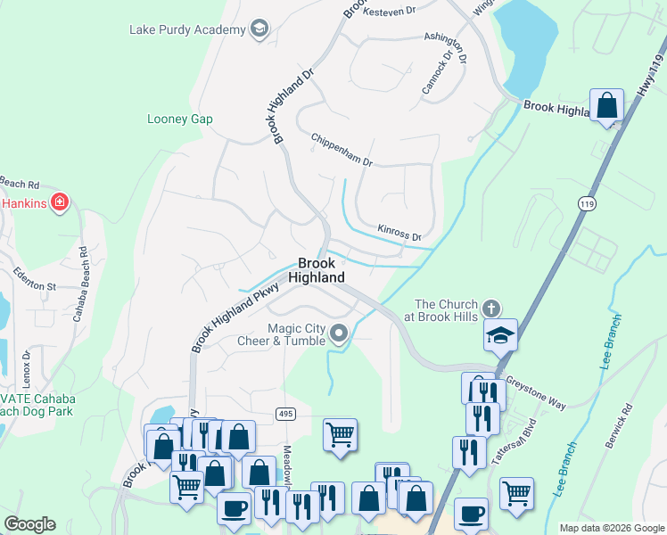 map of restaurants, bars, coffee shops, grocery stores, and more near 3200 Brookhighland Trce in Birmingham