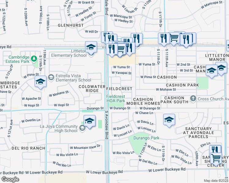 map of restaurants, bars, coffee shops, grocery stores, and more near 11421 West Mohave Street in Avondale