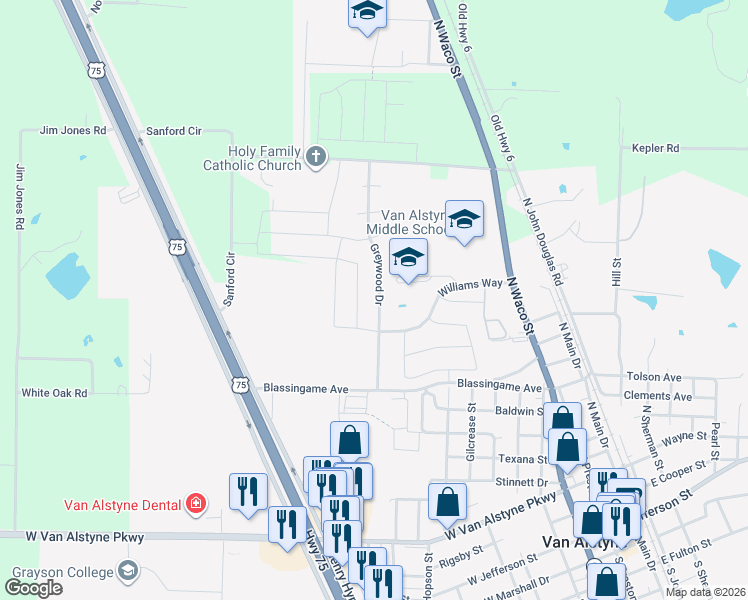 map of restaurants, bars, coffee shops, grocery stores, and more near 1143 Greywood Drive in Van Alstyne