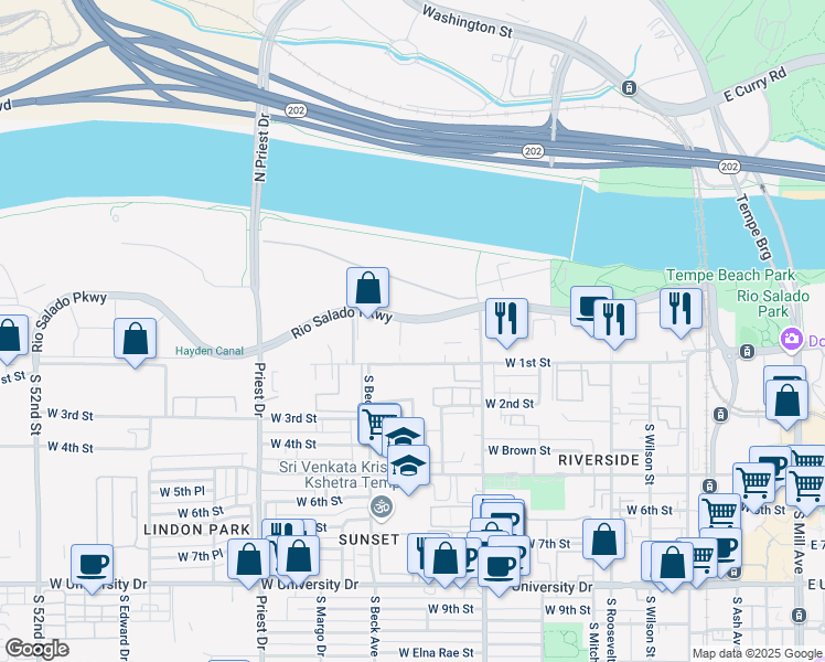 map of restaurants, bars, coffee shops, grocery stores, and more near 1215 West Rio Salado Parkway in Tempe