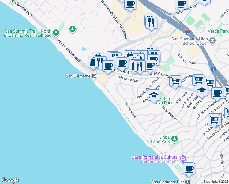 map of restaurants, bars, coffee shops, grocery stores, and more near 1521 Buena Vista in San Clemente