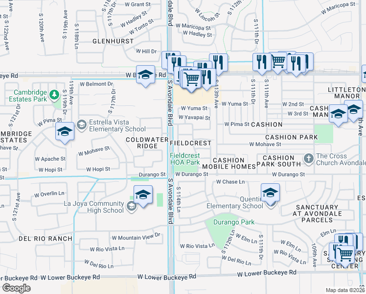 map of restaurants, bars, coffee shops, grocery stores, and more near 11421 West Mohave Street in Avondale