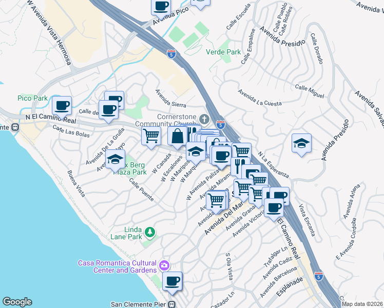 map of restaurants, bars, coffee shops, grocery stores, and more near 31 West Mariposa in San Clemente