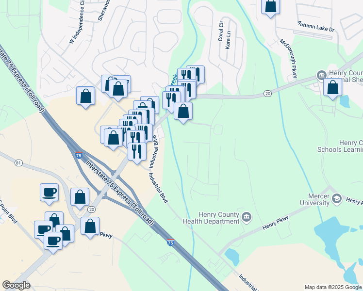 map of restaurants, bars, coffee shops, grocery stores, and more near 718 Village Overlook in McDonough