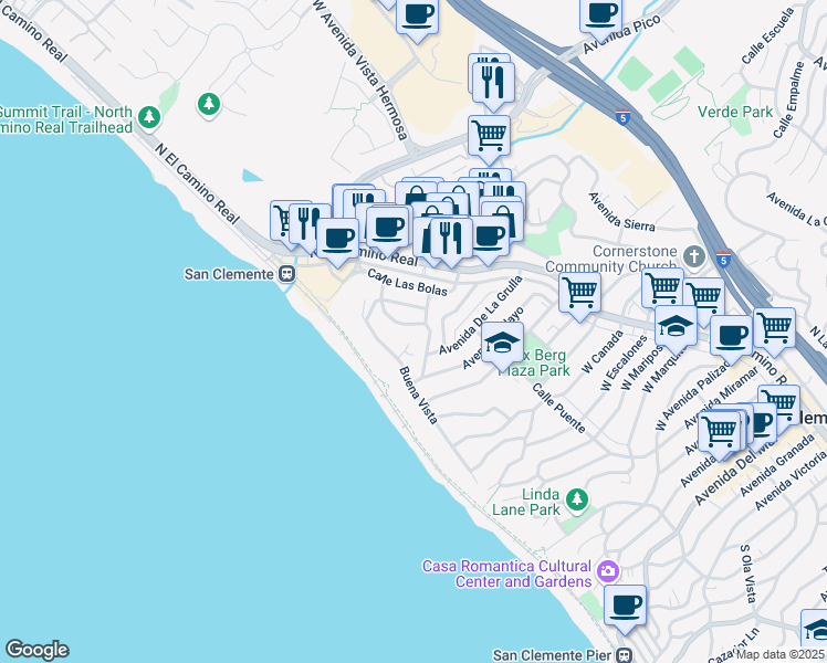 map of restaurants, bars, coffee shops, grocery stores, and more near 1516 Calle Sacramento in San Clemente