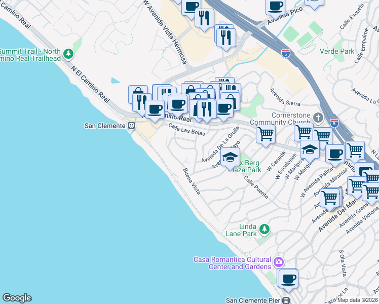 map of restaurants, bars, coffee shops, grocery stores, and more near 1516 Calle Sacramento in San Clemente