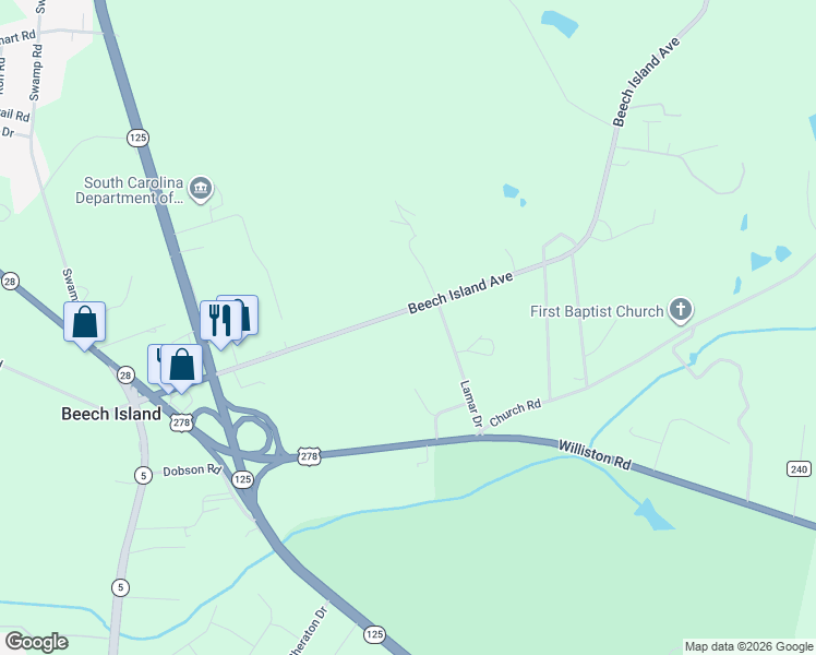 map of restaurants, bars, coffee shops, grocery stores, and more near 342 Beech Island Avenue in Beech Island