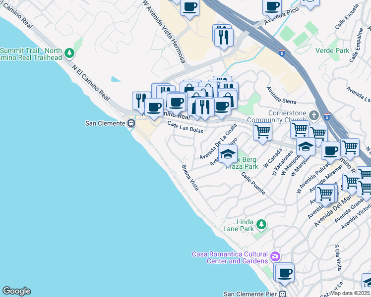 map of restaurants, bars, coffee shops, grocery stores, and more near 1507 Calle Sacramento in San Clemente